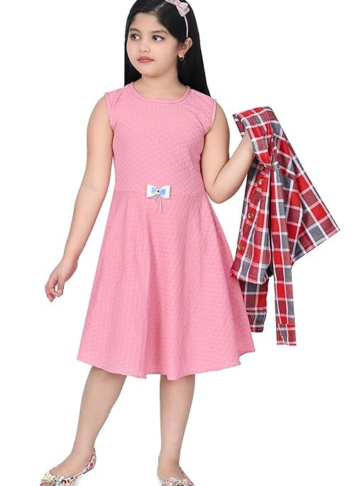 Three-Quarter Sleeves Printed Pink Frock