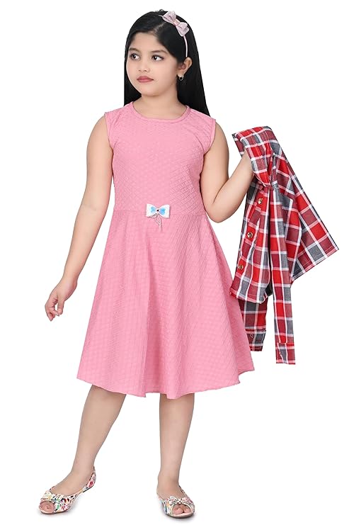 Three-Quarter Sleeves Printed Pink Frock