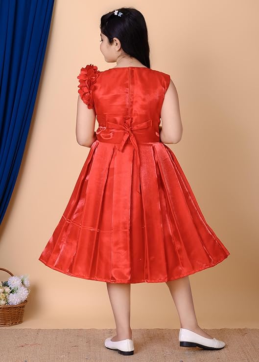 Girls Red Dress with Floral Shoulder