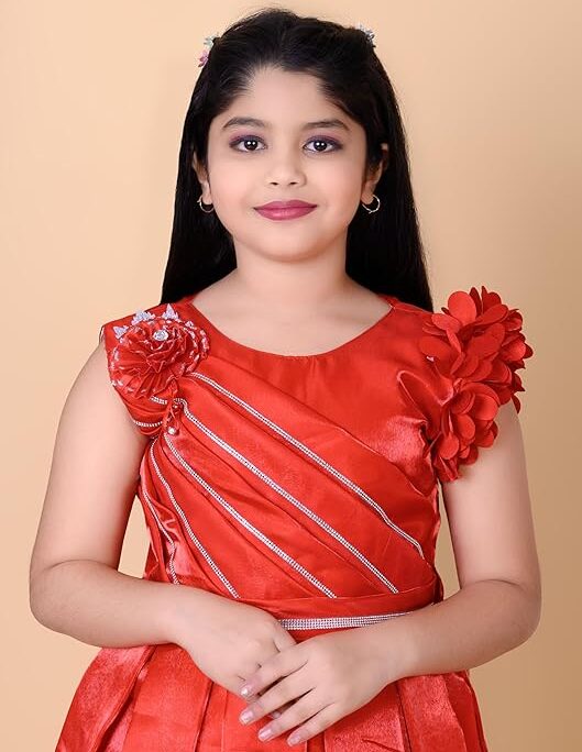 Girls Red Dress with Floral Shoulder