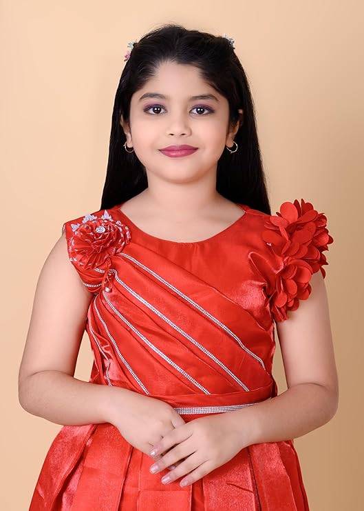 Girls Red Dress with Floral Shoulder