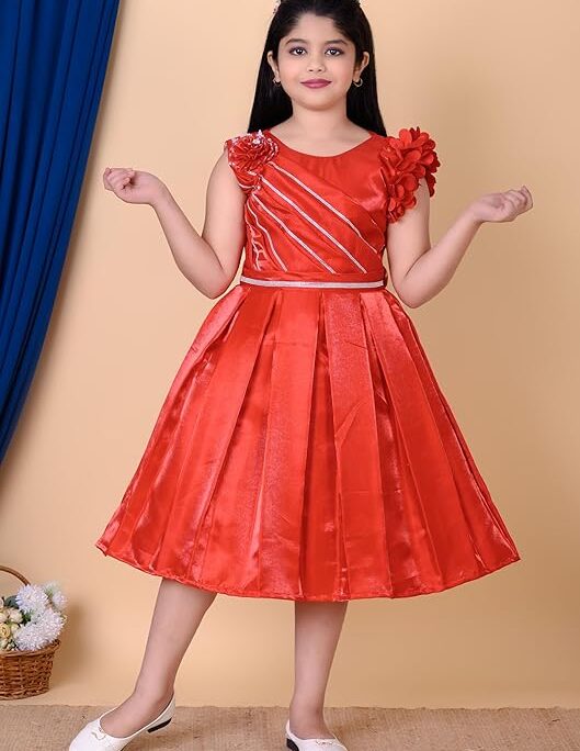 Girls Red Dress with Floral Shoulder