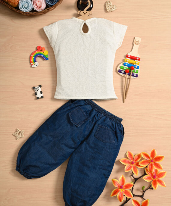 Girls Love Print Cotton Top & Denim Jogger Pant Set | Casual Wear Kids Outfit | White Cotton Top with Navy Blue Denim Joggers
