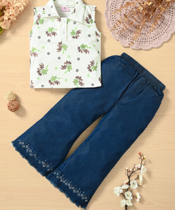 Girls Floral Print Cotton Top & Denim Palazzo Set | Casual Western Wear Outfit | White Floral Top with Navy Blue Denim Palazzo