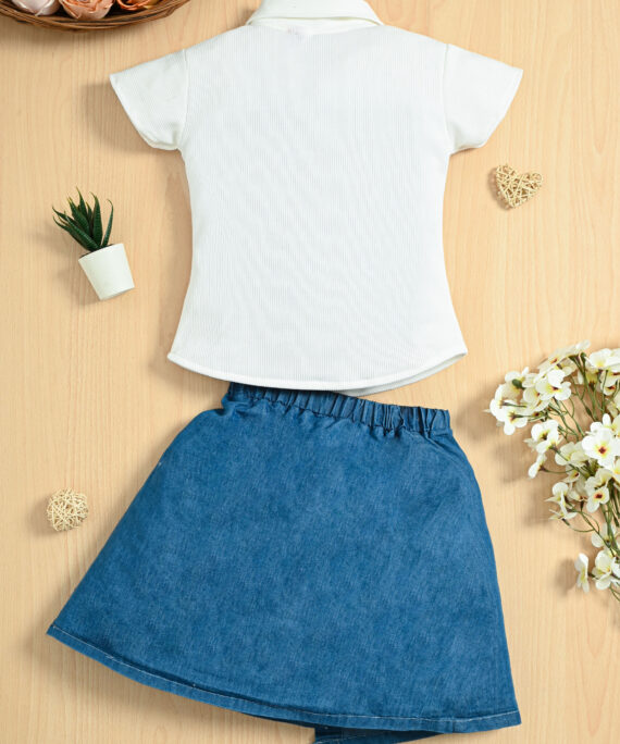 Girls Cotton Shirt Top & Denim Skirt Set | Casual Party Wear Outfit | Floral Denim Skirt with Cotton Collar Top