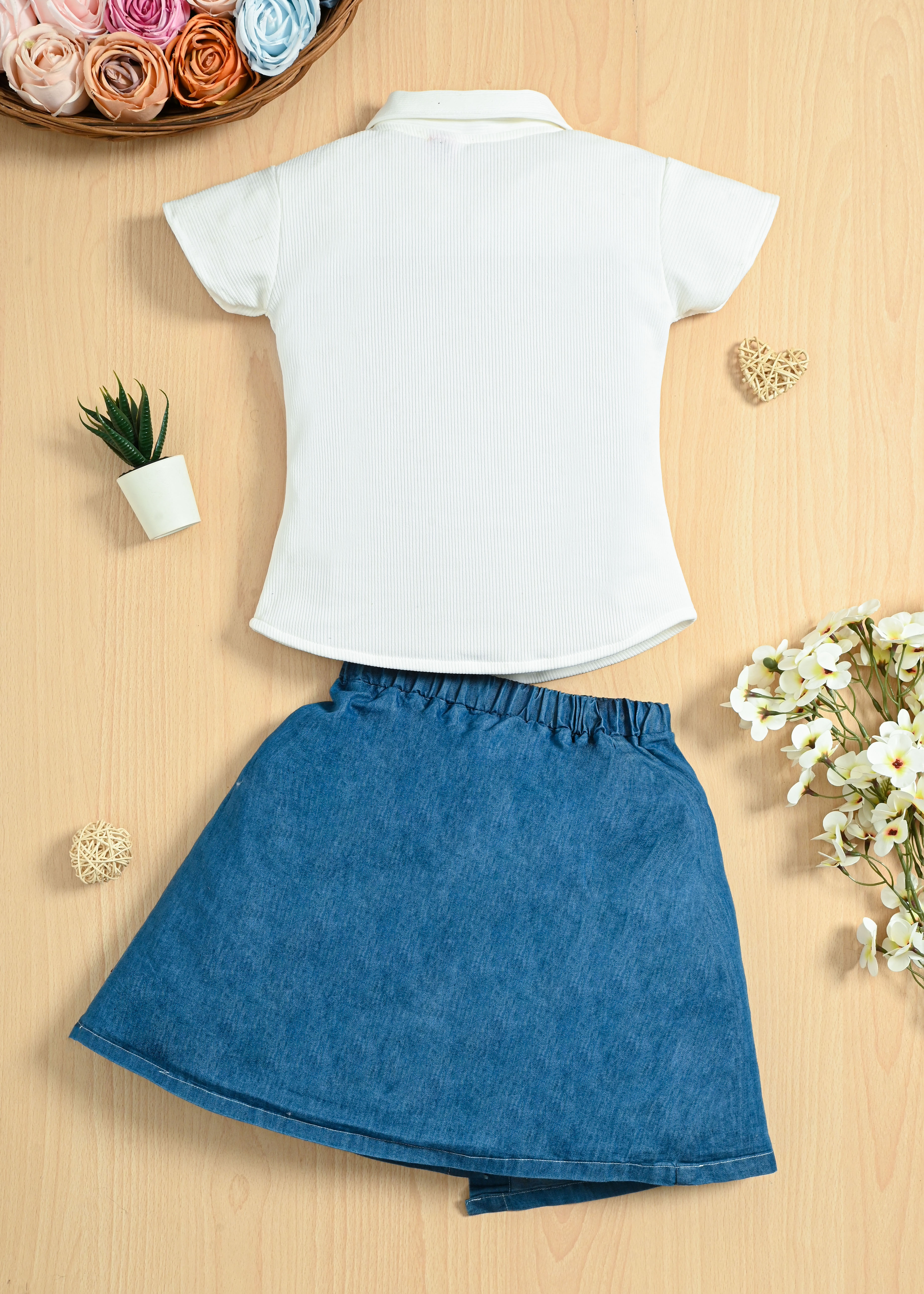 Girls Cotton Shirt Top & Denim Skirt Set | Casual Party Wear Outfit | Floral Denim Skirt with Cotton Collar Top - Image 4