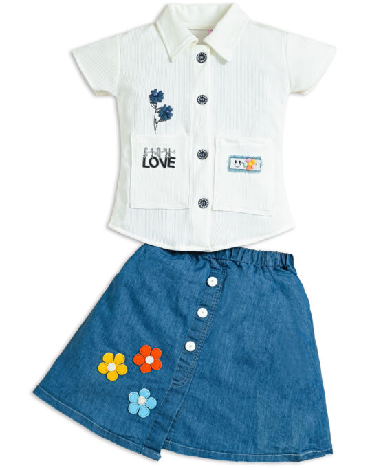 Girls Cotton Shirt Top & Denim Skirt Set | Casual Party Wear Outfit | Floral Denim Skirt with Cotton Collar Top