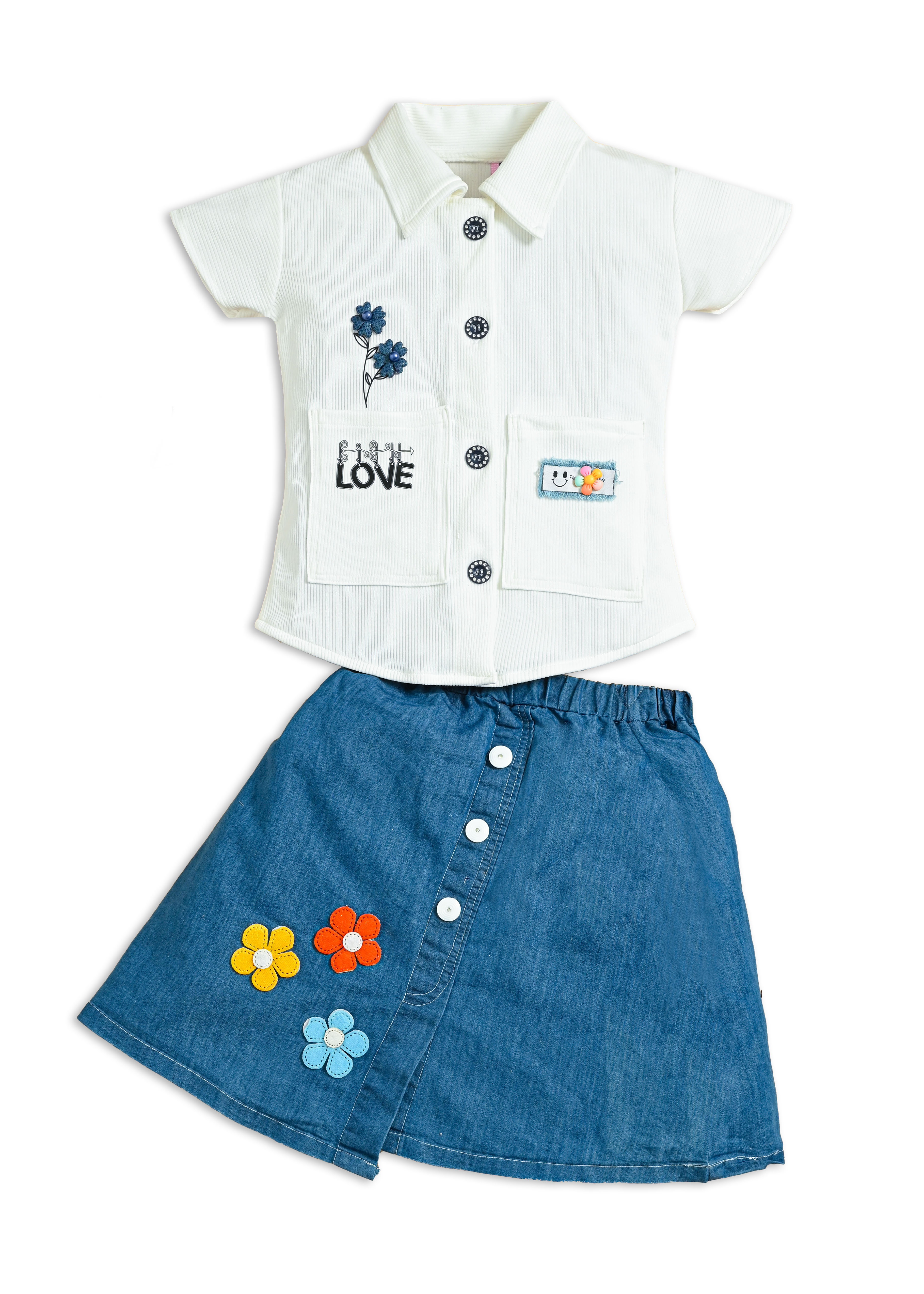 Girls Cotton Shirt Top & Denim Skirt Set | Casual Party Wear Outfit | Floral Denim Skirt with Cotton Collar Top - Image 2