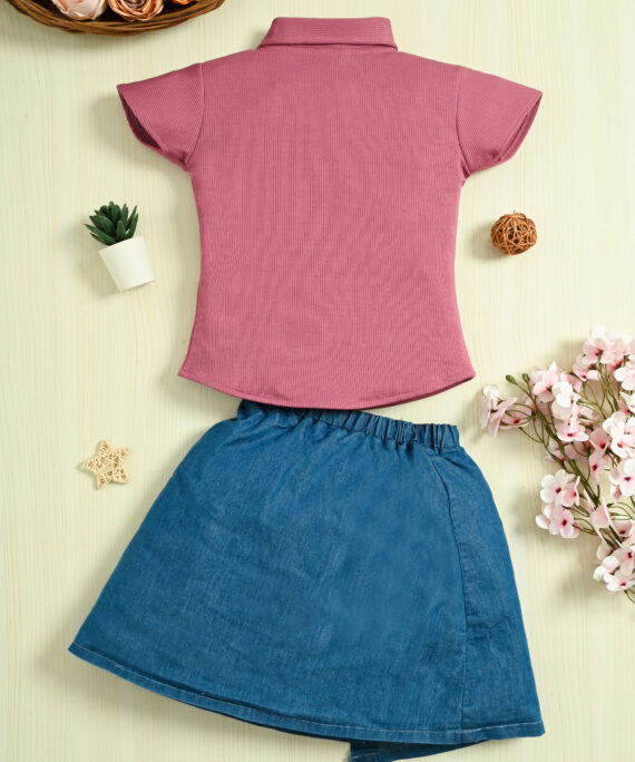 Girls Cotton Shirt Top & Denim Skirt Set | Casual Party Wear Outfit | Floral Denim Skirt with Cotton Collar Top