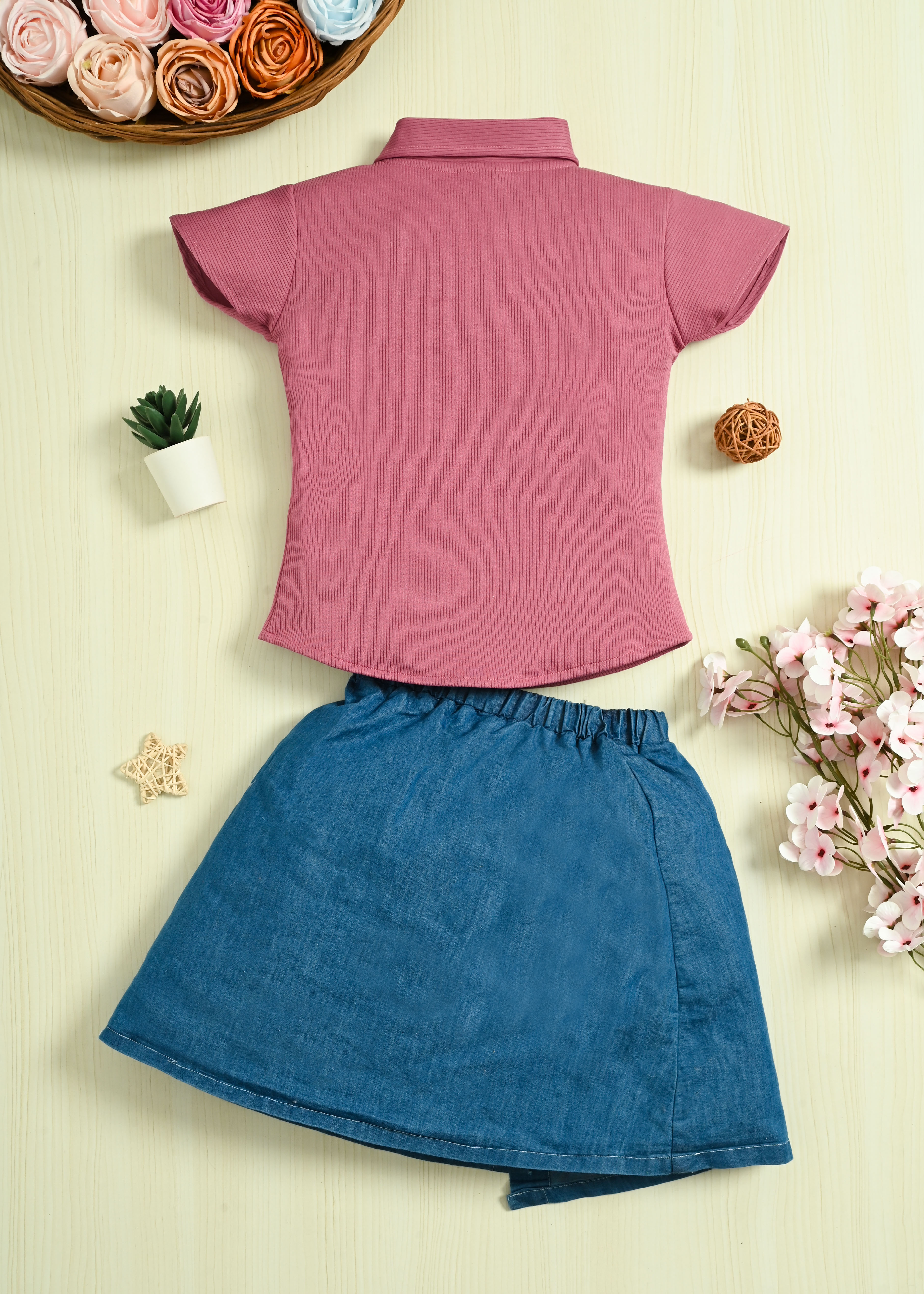 Girls Cotton Shirt Top & Denim Skirt Set | Casual Party Wear Outfit | Floral Denim Skirt with Cotton Collar Top - Image 11
