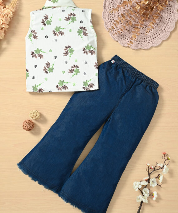 Girls Floral Print Cotton Top & Denim Palazzo Set | Casual Western Wear Outfit | White Floral Top with Navy Blue Denim Palazzo