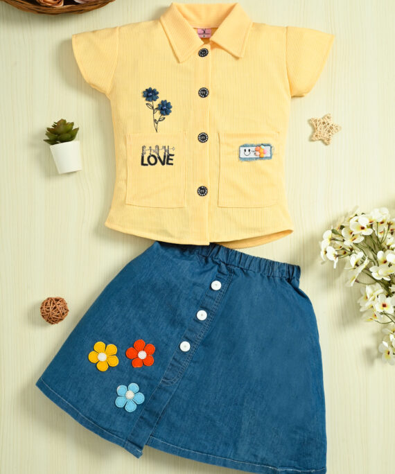 Girls Cotton Shirt Top & Denim Skirt Set | Casual Party Wear Outfit | Floral Denim Skirt with Cotton Collar Top