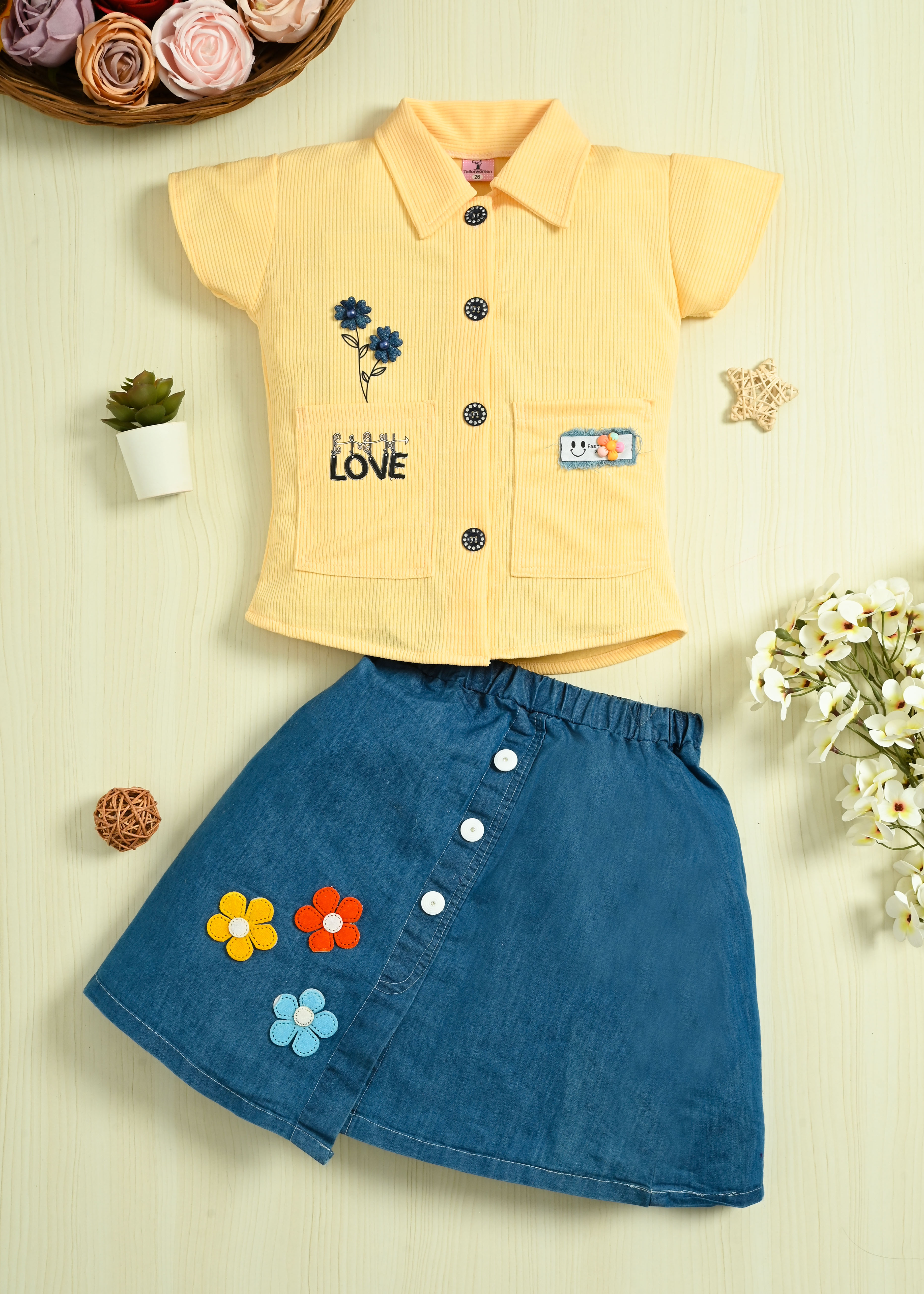 Girls Cotton Shirt Top & Denim Skirt Set | Casual Party Wear Outfit | Floral Denim Skirt with Cotton Collar Top - Image 9