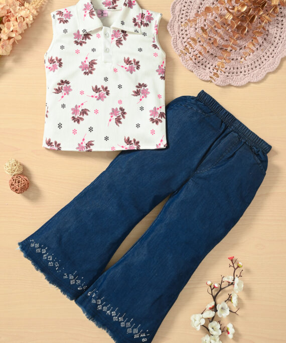 Girls Floral Print Cotton Top & Denim Palazzo Set | Casual Western Wear Outfit | White Floral Top with Navy Blue Denim Palazzo