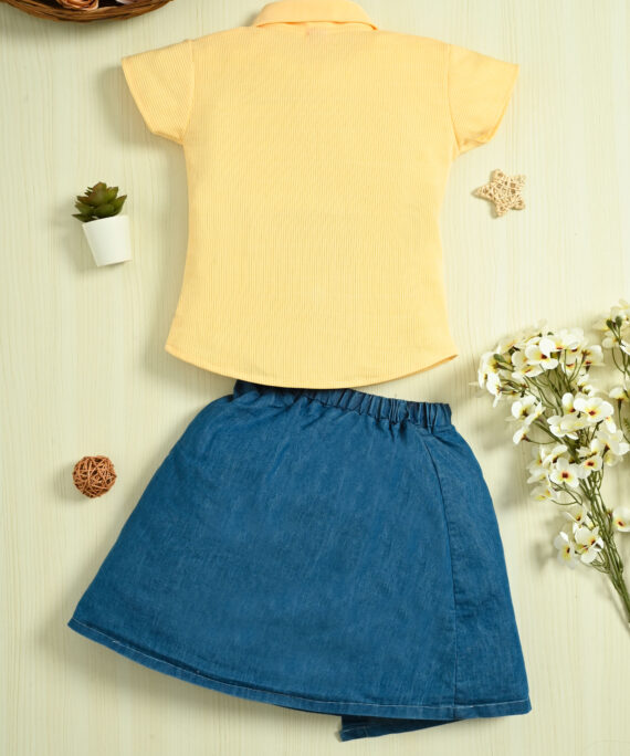 Girls Cotton Shirt Top & Denim Skirt Set | Casual Party Wear Outfit | Floral Denim Skirt with Cotton Collar Top