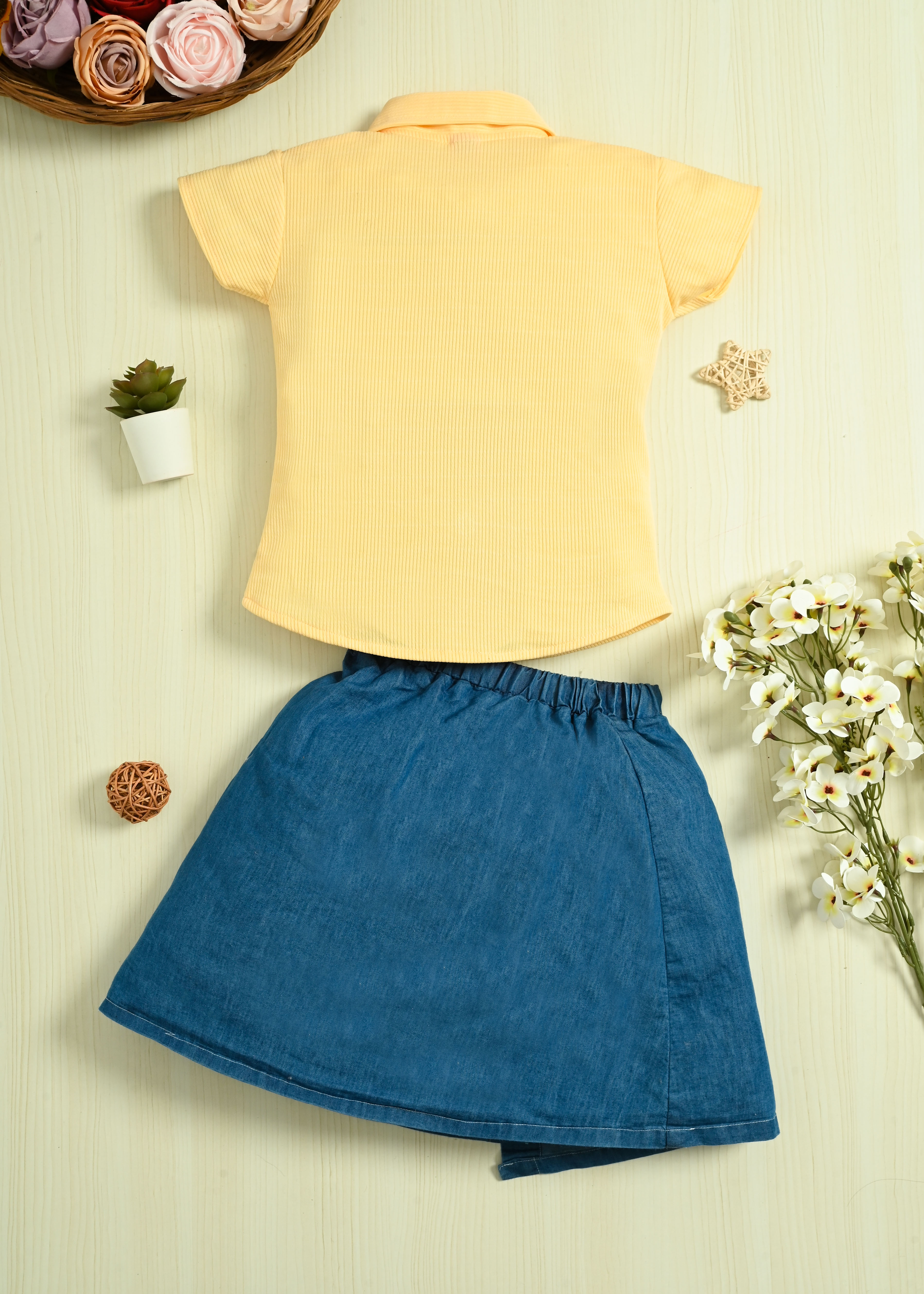 Girls Cotton Shirt Top & Denim Skirt Set | Casual Party Wear Outfit | Floral Denim Skirt with Cotton Collar Top - Image 7