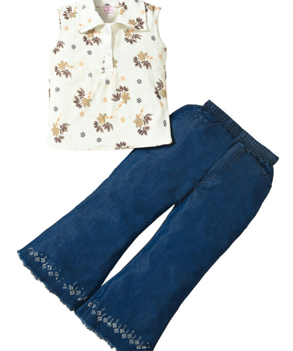 Girls Floral Print Cotton Top & Denim Palazzo Set | Casual Western Wear Outfit | White Floral Top with Navy Blue Denim Palazzo