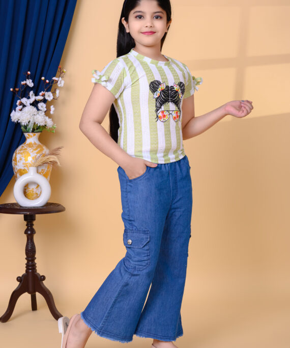 Printed Cotton Top & Denim Palazzo Pant Set | Casual Western Wear Outfit | Trendy Girls Fashion Clothing Set