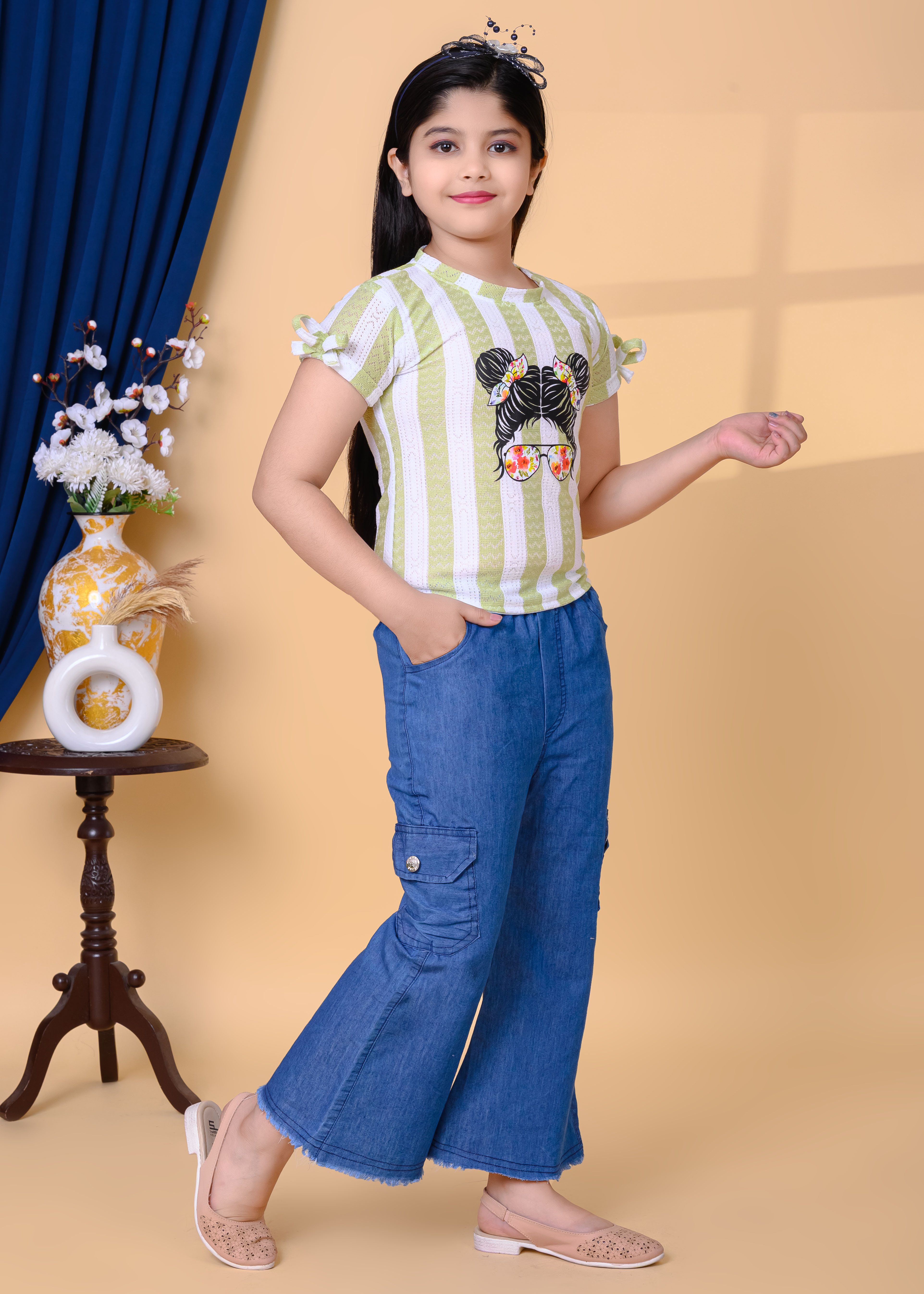 Printed Cotton Top & Denim Palazzo Pant Set | Casual Western Wear Outfit | Trendy Girls Fashion Clothing Set - Image 5