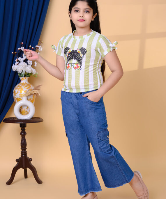 Printed Cotton Top & Denim Palazzo Pant Set | Casual Western Wear Outfit | Trendy Girls Fashion Clothing Set