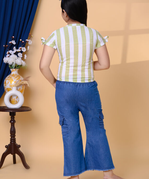 Printed Cotton Top & Denim Palazzo Pant Set | Casual Western Wear Outfit | Trendy Girls Fashion Clothing Set