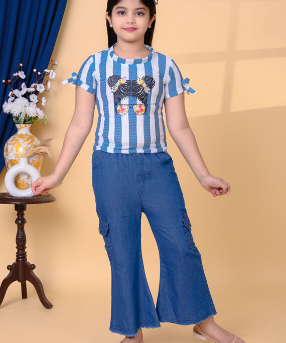 Printed Cotton Top & Denim Palazzo Pant Set | Casual Western Wear Outfit | Trendy Girls Fashion Clothing Set