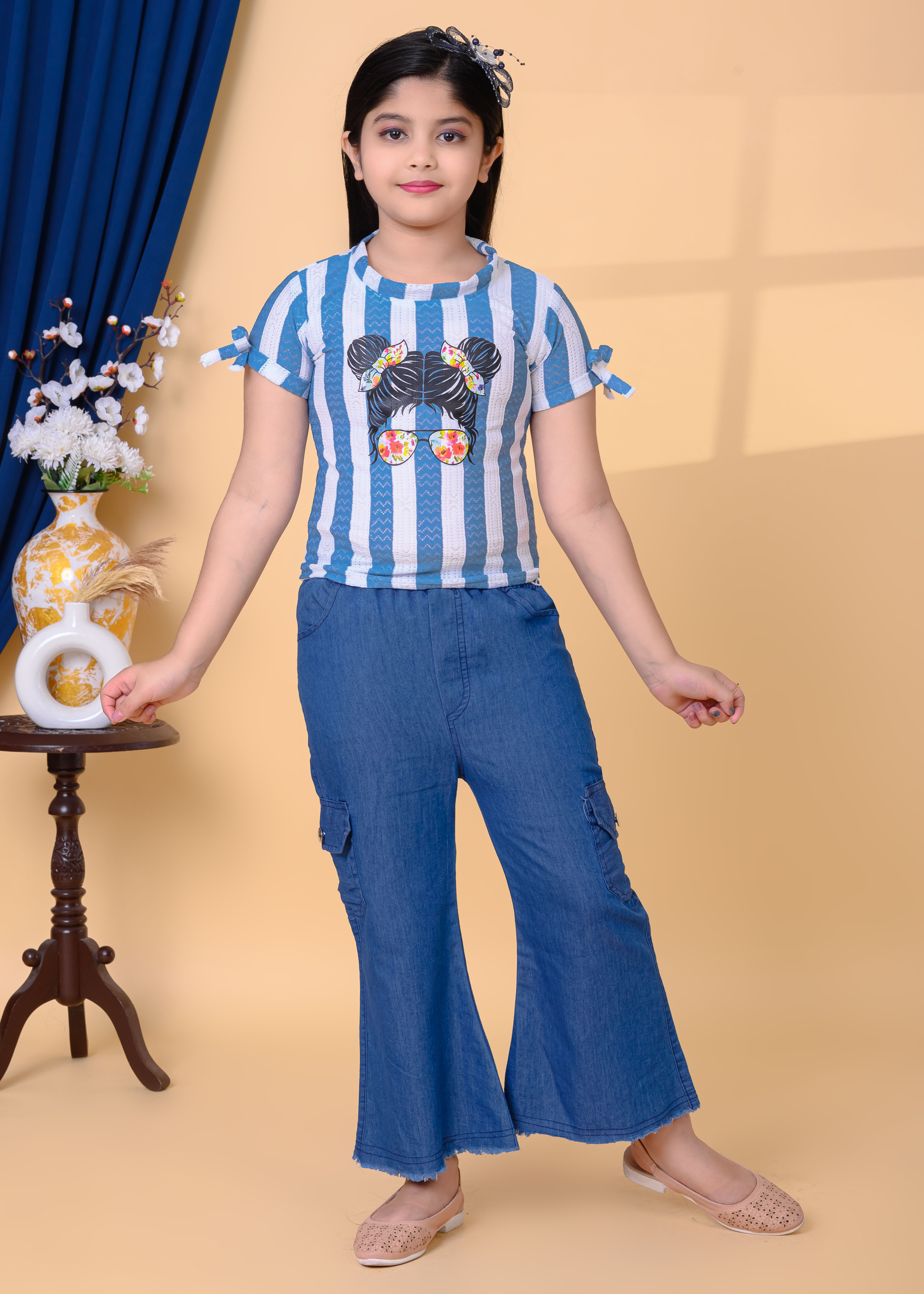 Printed Cotton Top & Denim Palazzo Pant Set | Casual Western Wear Outfit | Trendy Girls Fashion Clothing Set - Image 16