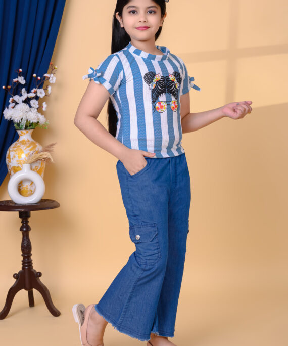 Printed Cotton Top & Denim Palazzo Pant Set | Casual Western Wear Outfit | Trendy Girls Fashion Clothing Set