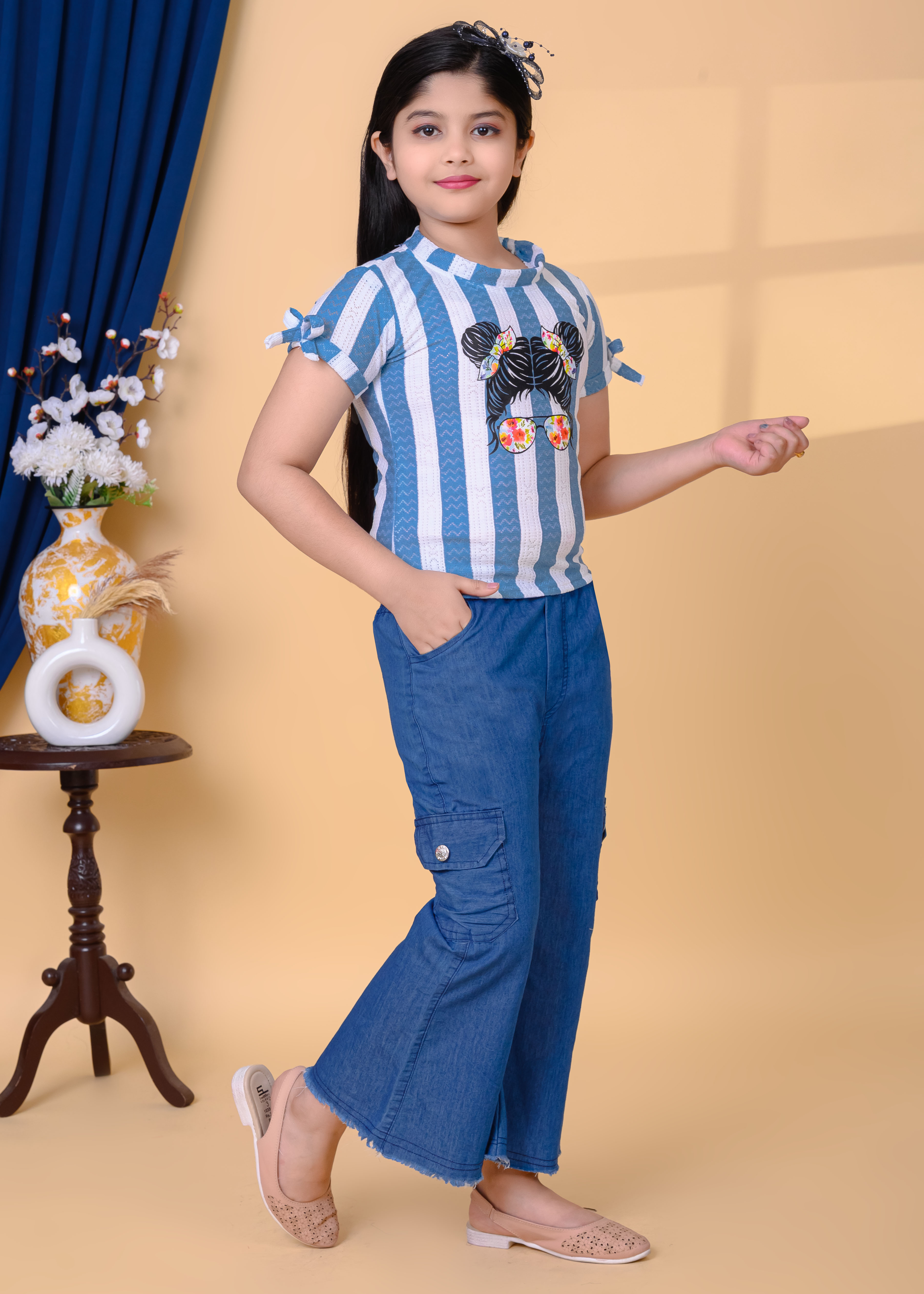 Printed Cotton Top & Denim Palazzo Pant Set | Casual Western Wear Outfit | Trendy Girls Fashion Clothing Set - Image 3