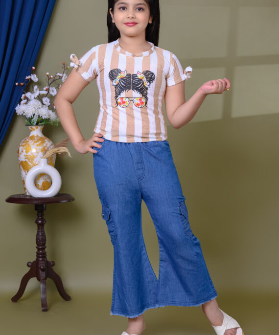Printed Cotton Top & Denim Palazzo Pant Set | Casual Western Wear Outfit | Trendy Girls Fashion Clothing Set