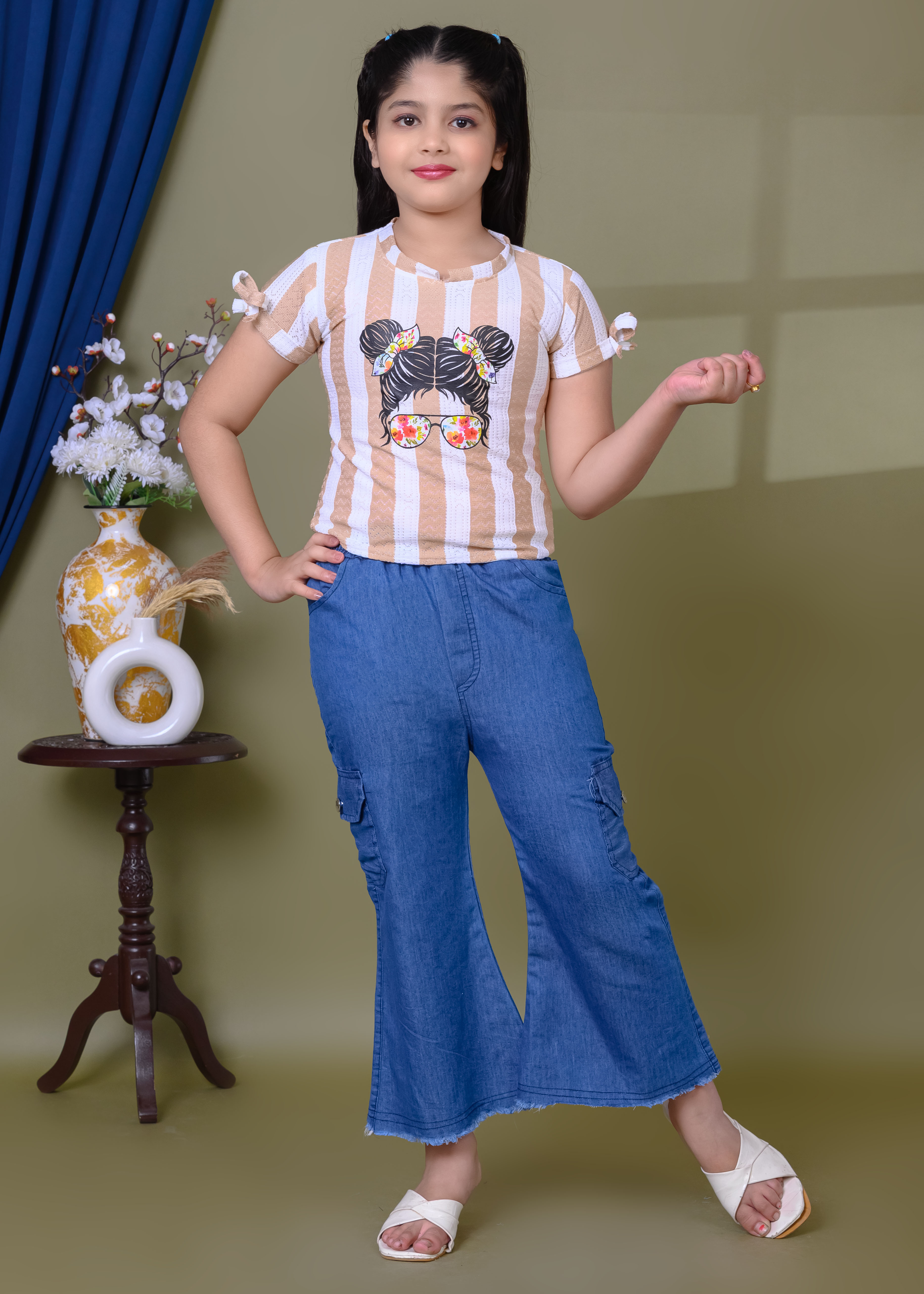 Printed Cotton Top & Denim Palazzo Pant Set | Casual Western Wear Outfit | Trendy Girls Fashion Clothing Set - Image 13