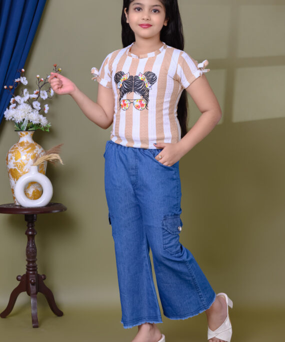 Printed Cotton Top & Denim Palazzo Pant Set | Casual Western Wear Outfit | Trendy Girls Fashion Clothing Set