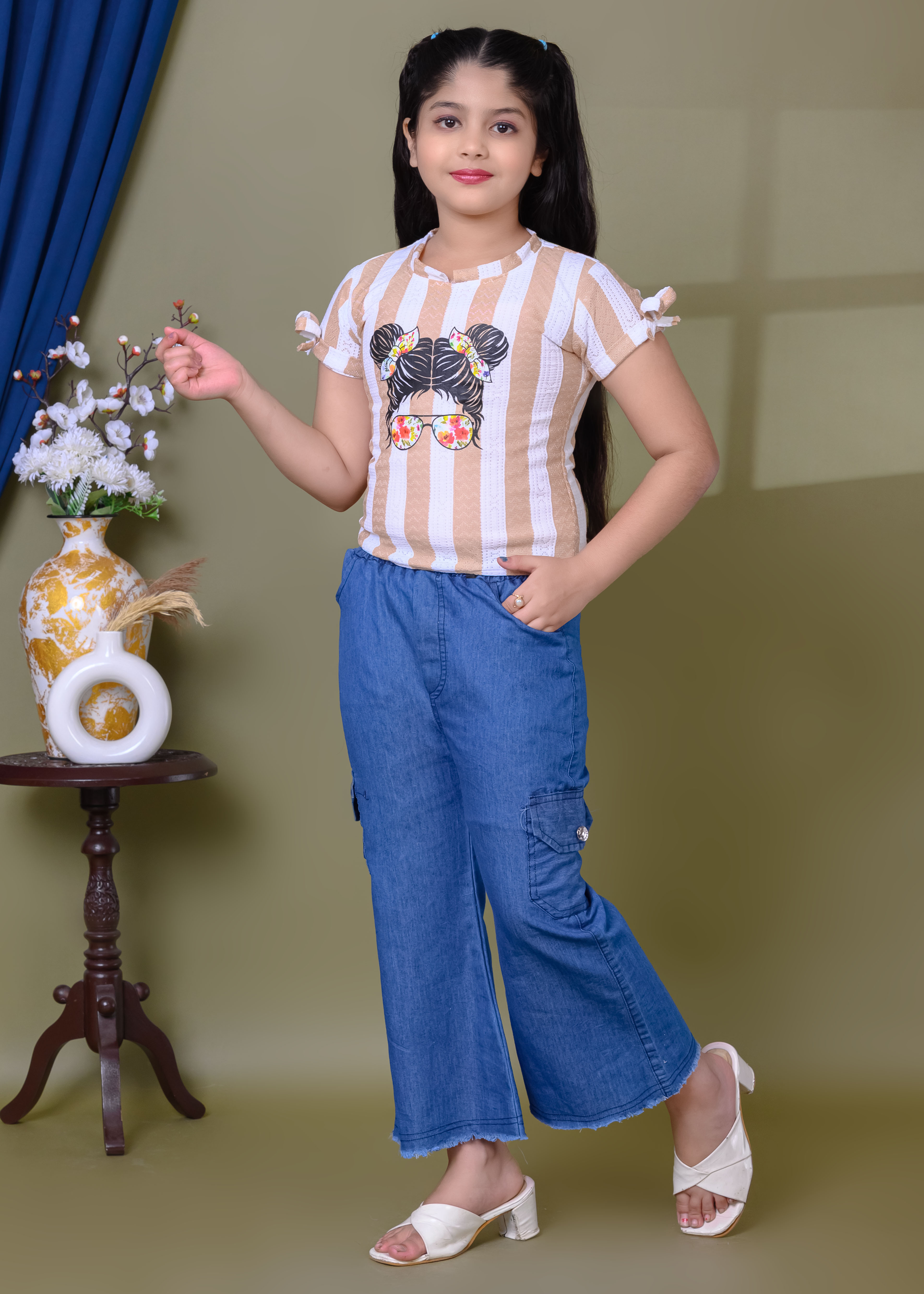 Printed Cotton Top & Denim Palazzo Pant Set | Casual Western Wear Outfit | Trendy Girls Fashion Clothing Set - Image 10