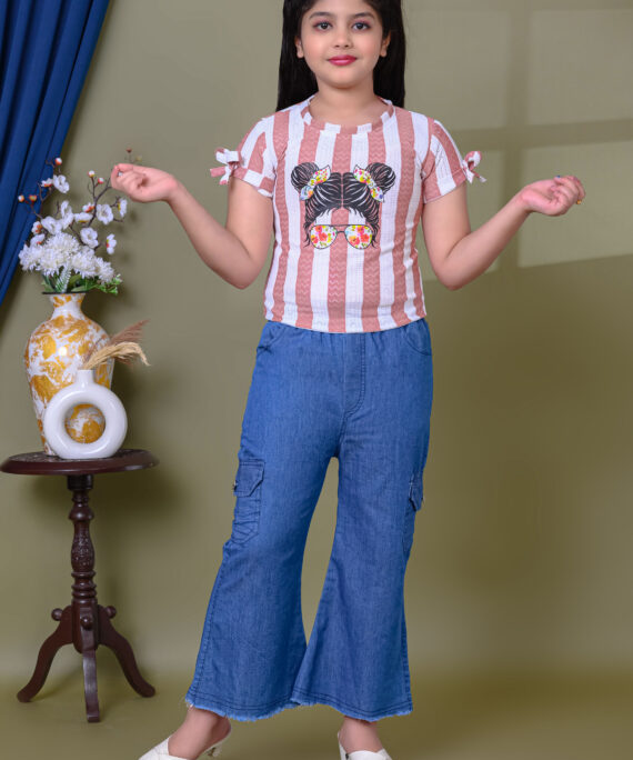 Printed Cotton Top & Denim Palazzo Pant Set | Casual Western Wear Outfit | Trendy Girls Fashion Clothing Set