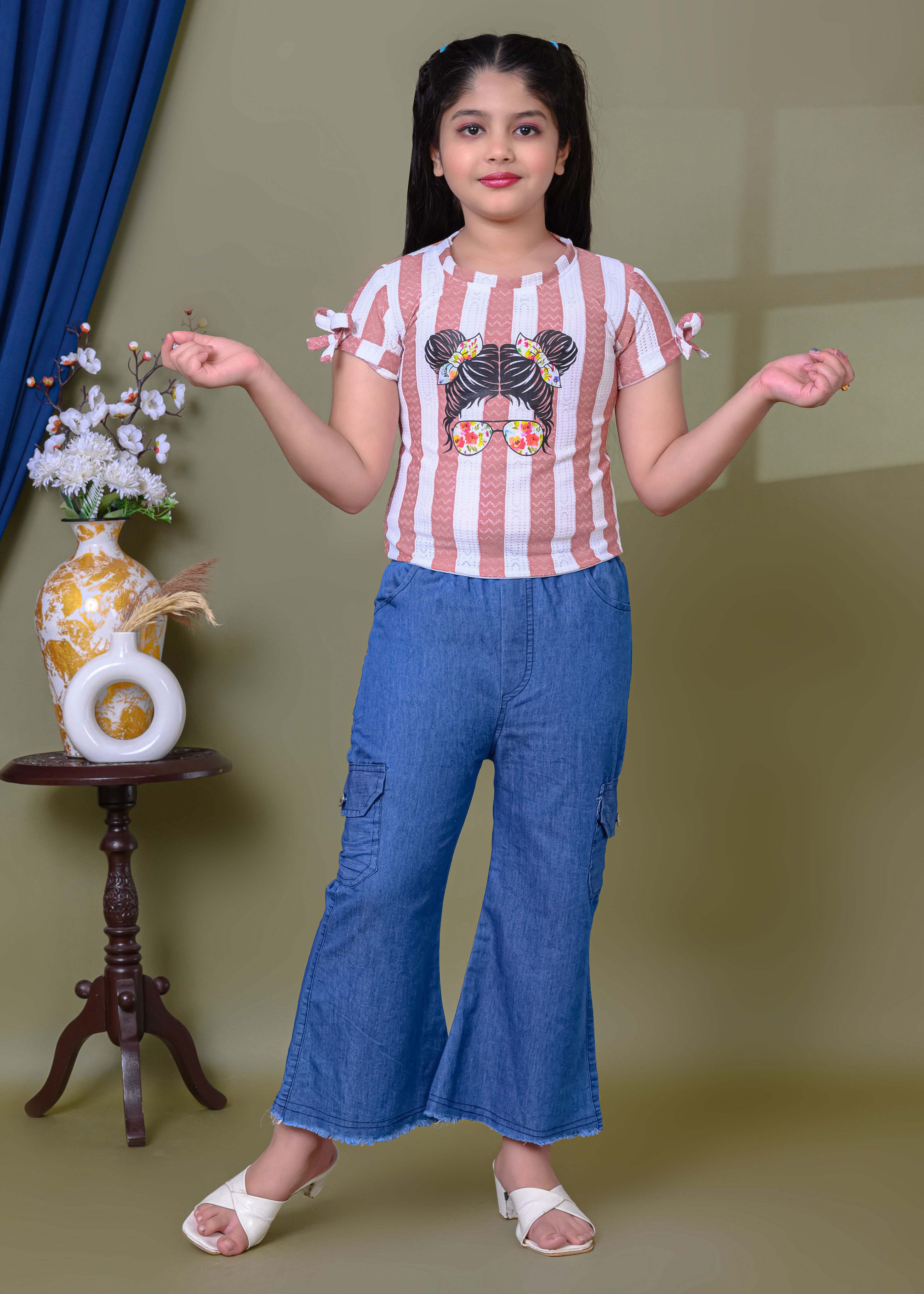 Printed Cotton Top & Denim Palazzo Pant Set | Casual Western Wear Outfit | Trendy Girls Fashion Clothing Set - Image 11