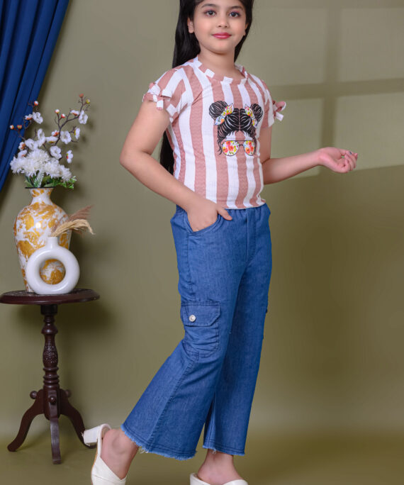 Printed Cotton Top & Denim Palazzo Pant Set | Casual Western Wear Outfit | Trendy Girls Fashion Clothing Set