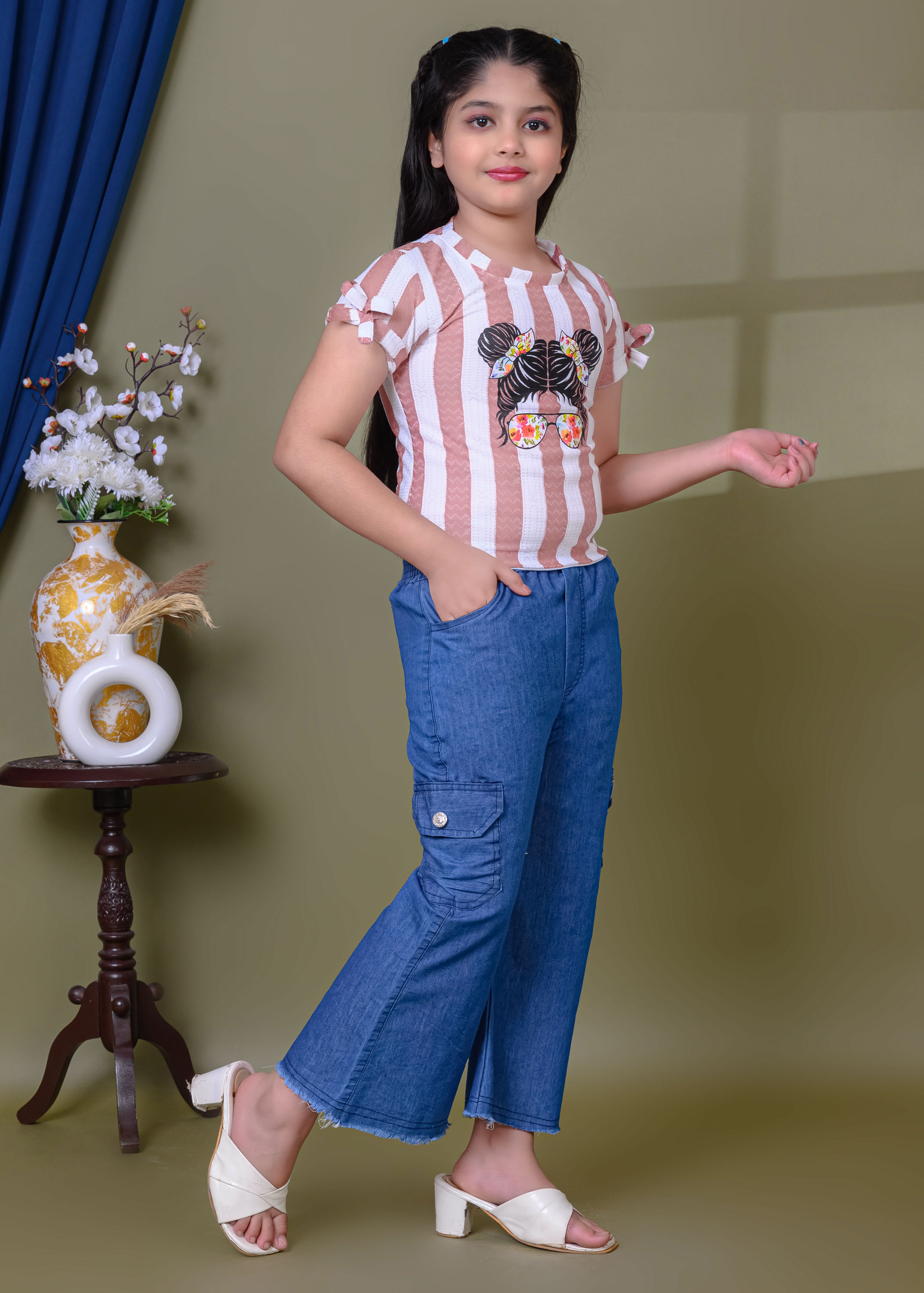 Printed Cotton Top & Denim Palazzo Pant Set | Casual Western Wear Outfit | Trendy Girls Fashion Clothing Set - Image 8