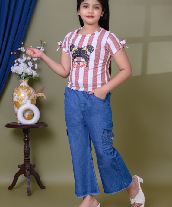 Printed Cotton Top & Denim Palazzo Pant Set | Casual Western Wear Outfit | Trendy Girls Fashion Clothing Set