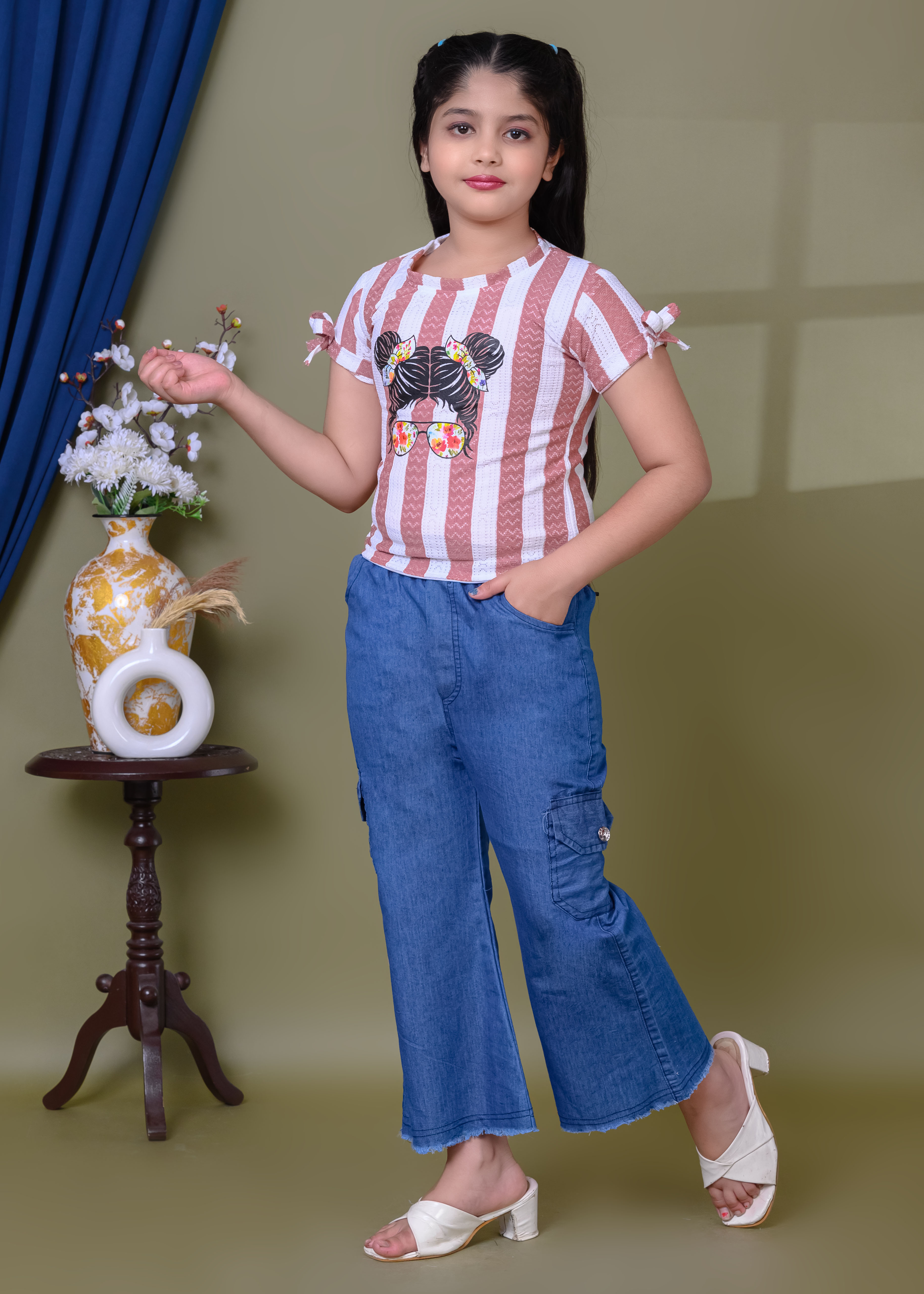 Printed Cotton Top & Denim Palazzo Pant Set | Casual Western Wear Outfit | Trendy Girls Fashion Clothing Set - Image 7