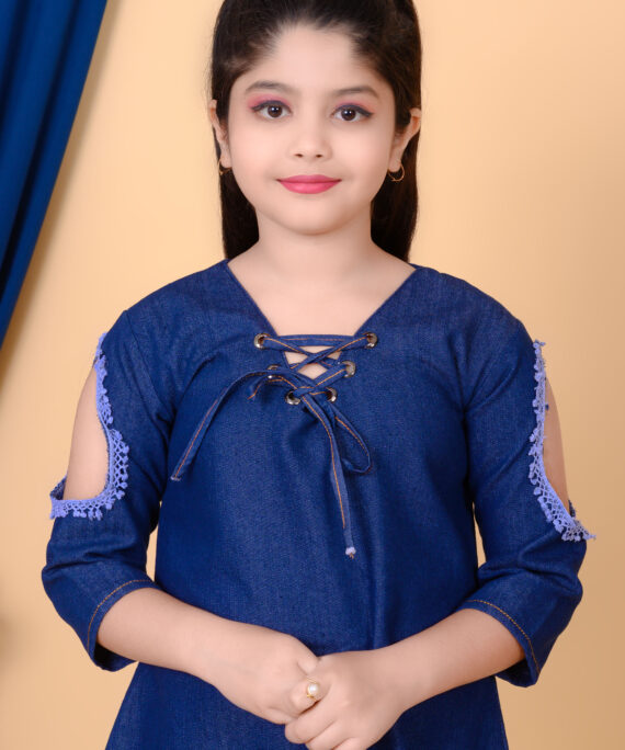 Girls Denim Dress | Stylish A-Line Western Dress for Girls | Kids Casual Denim Frock | Trendy Navy Blue Dress