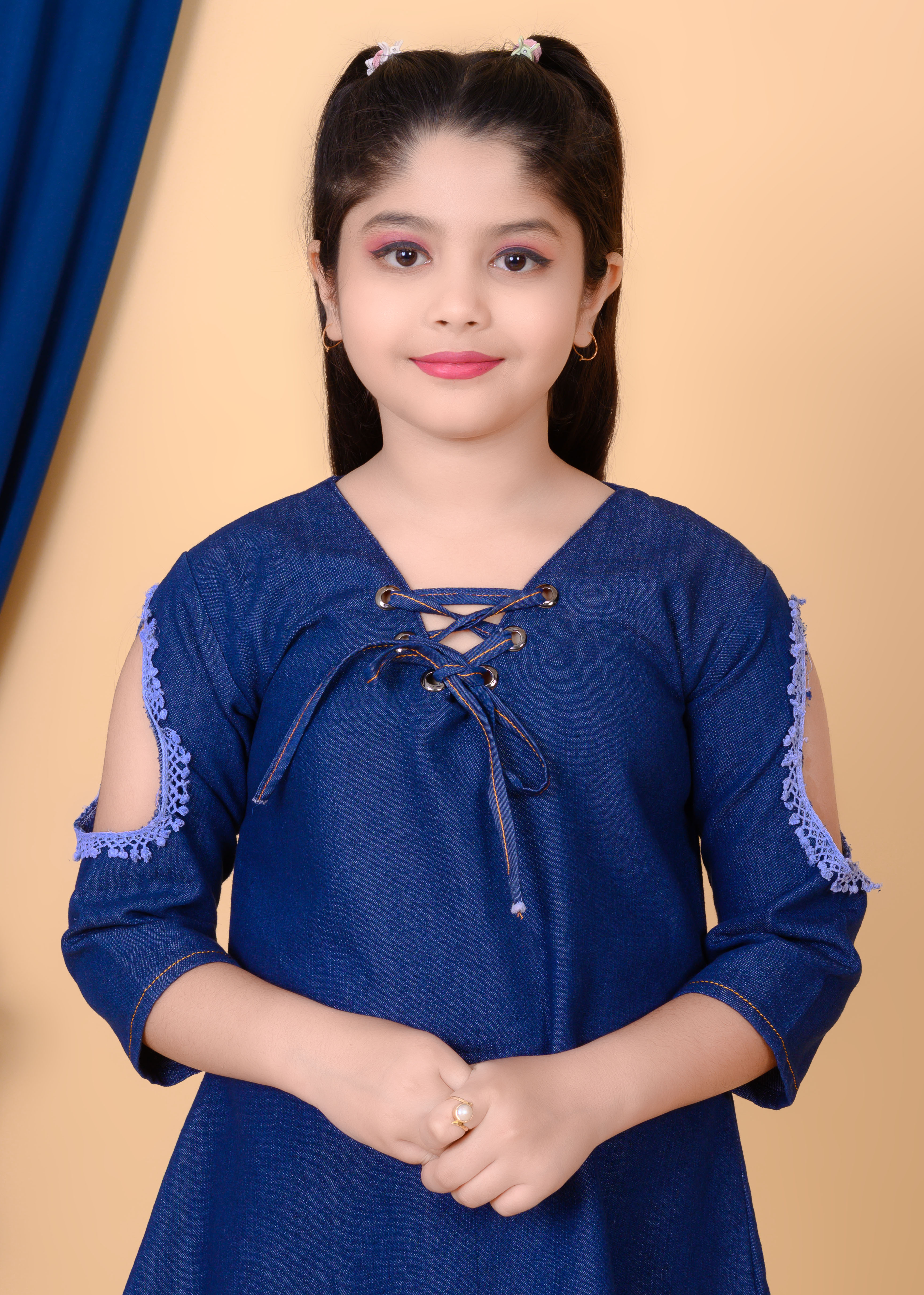 Girls Denim Dress | Stylish A-Line Western Dress for Girls | Kids Casual Denim Frock | Trendy Navy Blue Dress