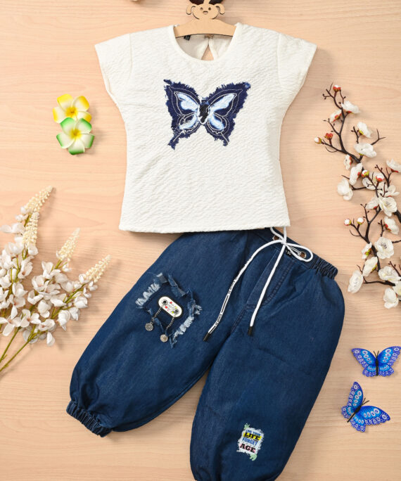 Girls Butterfly Cotton Top & Denim Jogger Pant Set | Kids Casual Wear Outfit | White Cotton Top with Navy Blue Denim Joggers