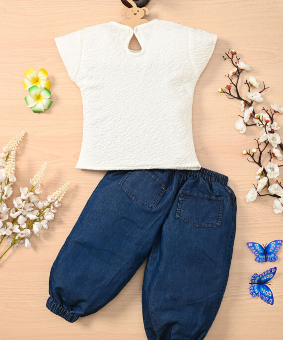Girls Butterfly Cotton Top & Denim Jogger Pant Set | Kids Casual Wear Outfit | White Cotton Top with Navy Blue Denim Joggers