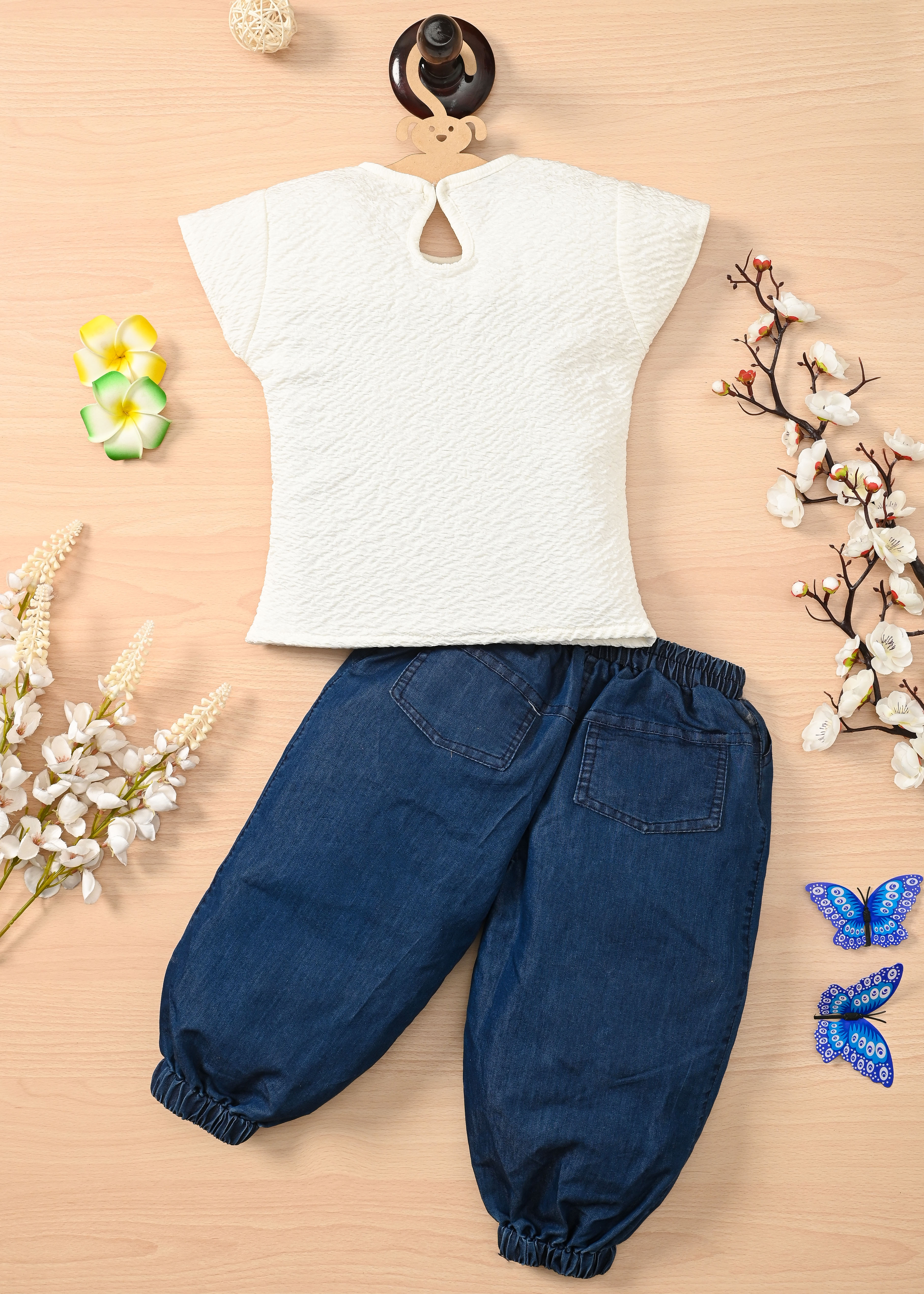 Girls Butterfly Cotton Top & Denim Jogger Pant Set | Kids Casual Wear Outfit | White Cotton Top with Navy Blue Denim Joggers - Image 2