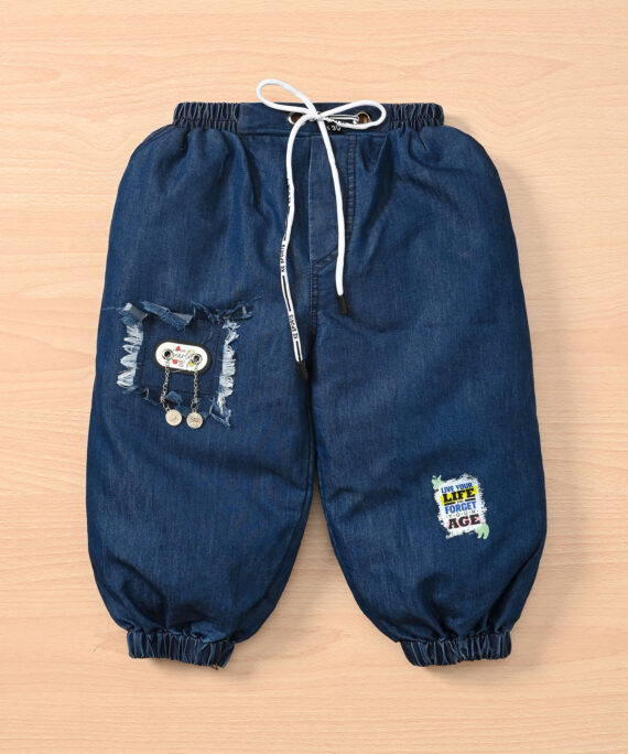Girls Butterfly Cotton Top & Denim Jogger Pant Set | Kids Casual Wear Outfit | White Cotton Top with Navy Blue Denim Joggers