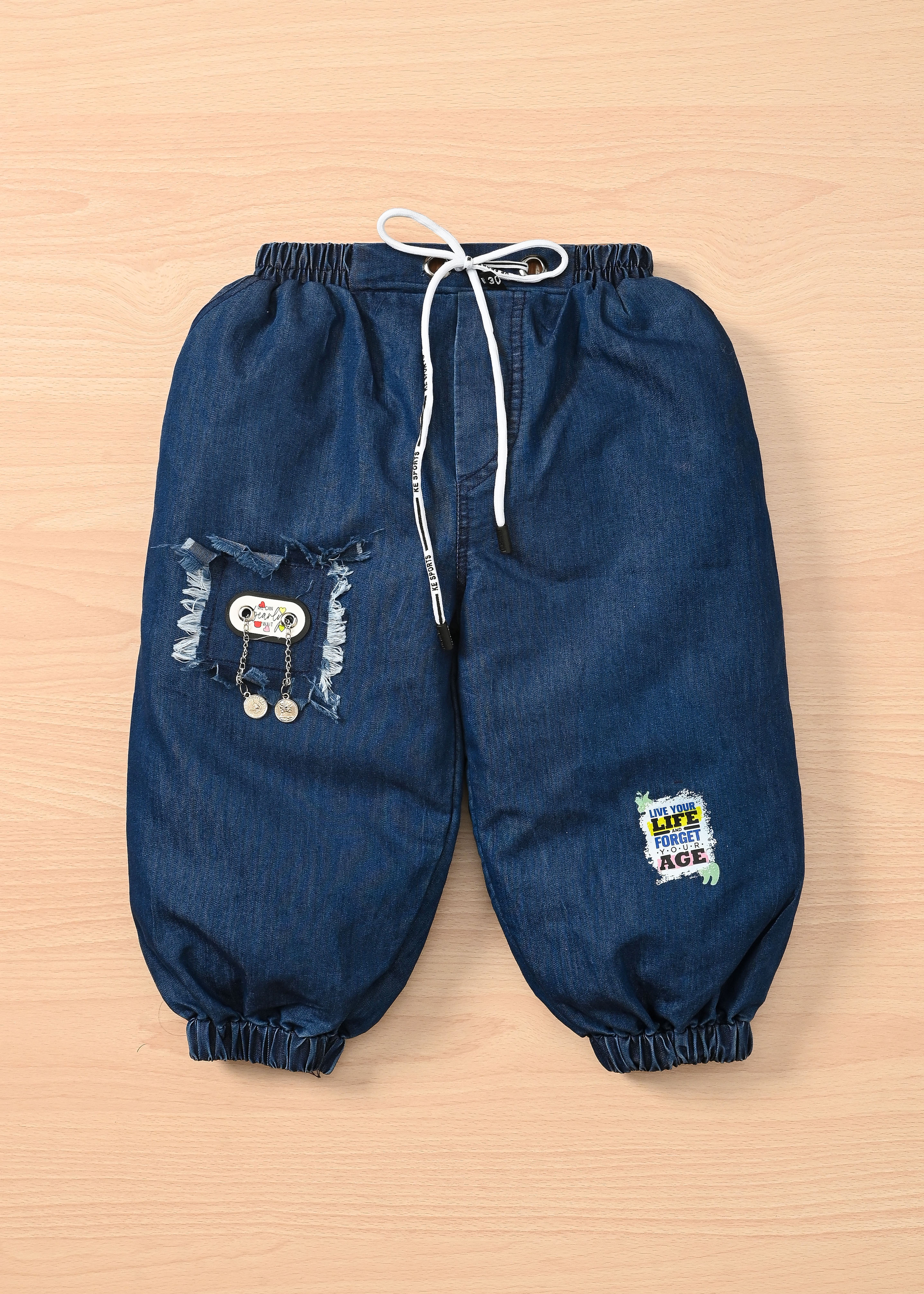Girls Butterfly Cotton Top & Denim Jogger Pant Set | Kids Casual Wear Outfit | White Cotton Top with Navy Blue Denim Joggers - Image 3