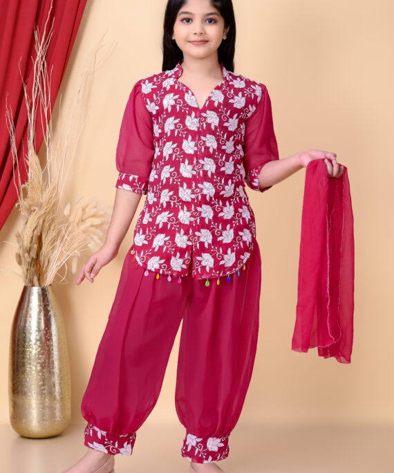 Girls Ethnic Dhoti Pant Set with Dupatta | Floral Embroidered Kurti Top | Kids Party Wear Dress for Girls