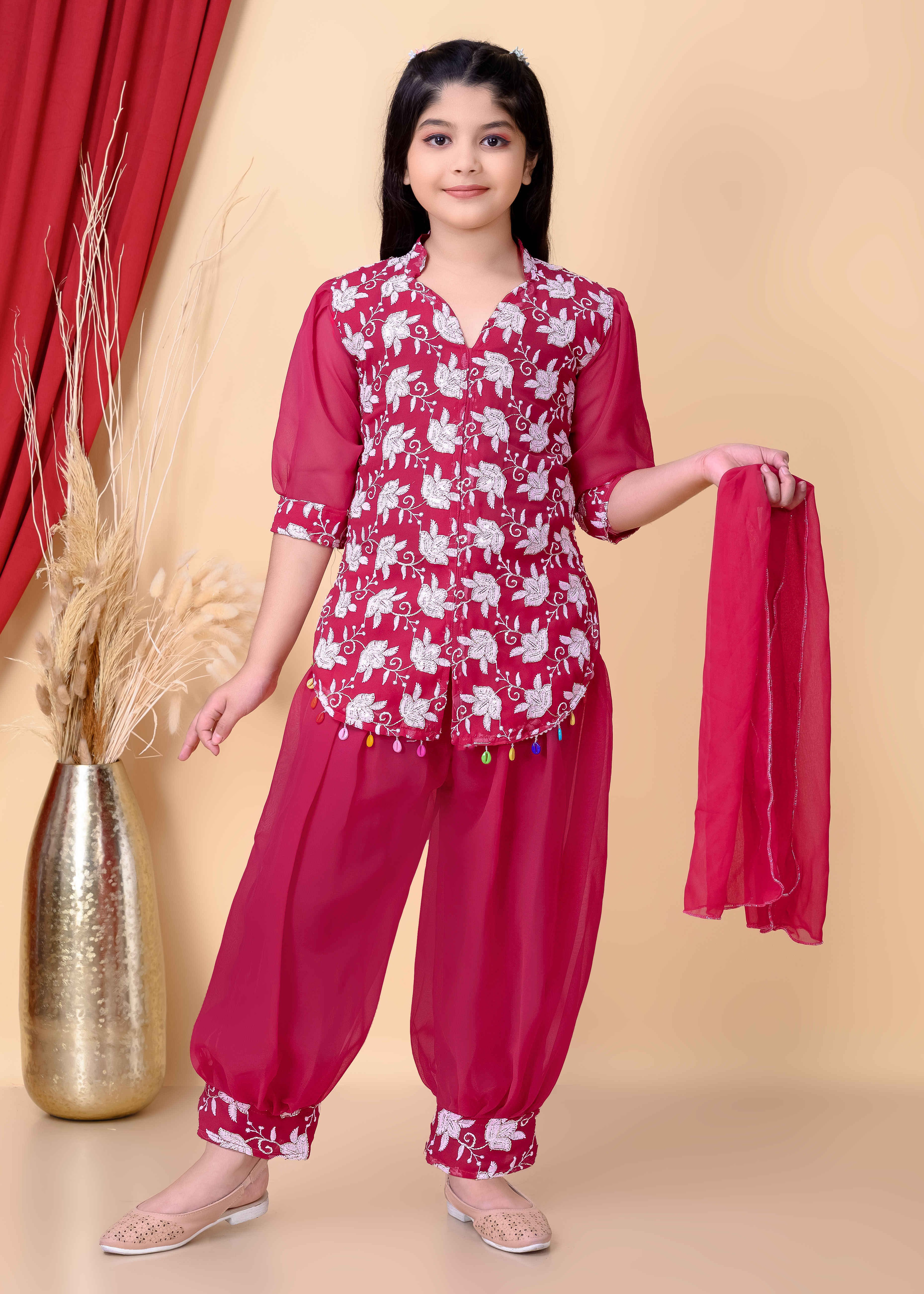 Girls Ethnic Dhoti Pant Set with Dupatta | Floral Embroidered Kurti Top | Kids Party Wear Dress for Girls - Image 16