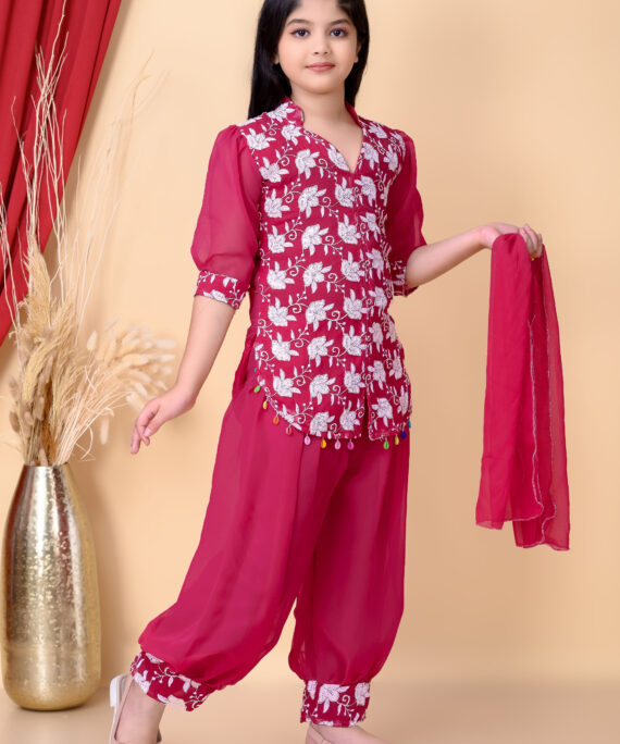 Girls Ethnic Dhoti Pant Set with Dupatta | Floral Embroidered Kurti Top | Kids Party Wear Dress for Girls
