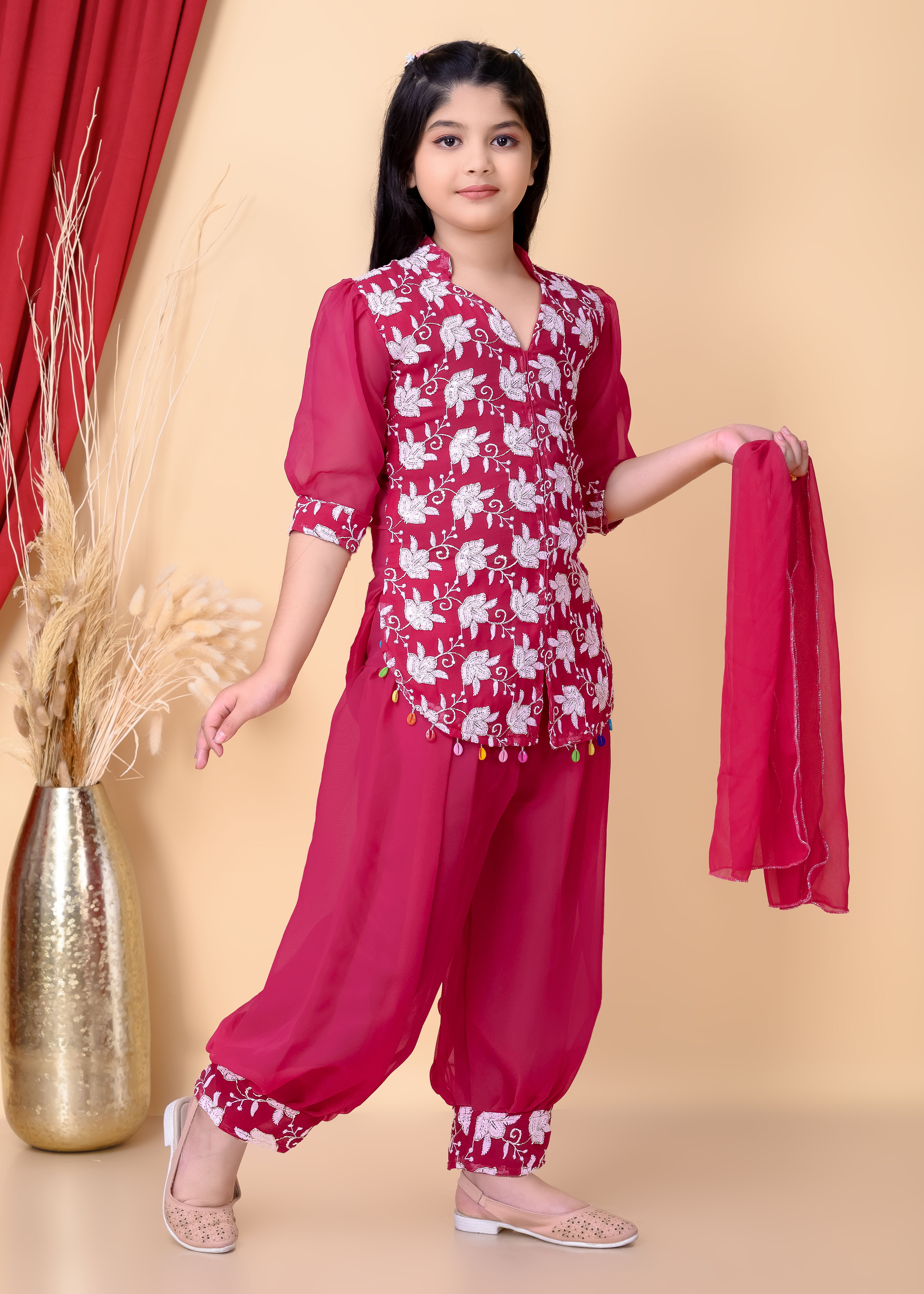 Girls Ethnic Dhoti Pant Set with Dupatta | Floral Embroidered Kurti Top | Kids Party Wear Dress for Girls - Image 15